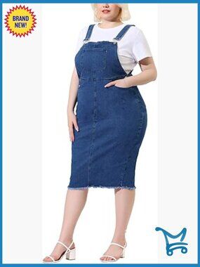 Plus Size Jean Overalls Dress Adjustable Straps Back Slit Distressed Denim